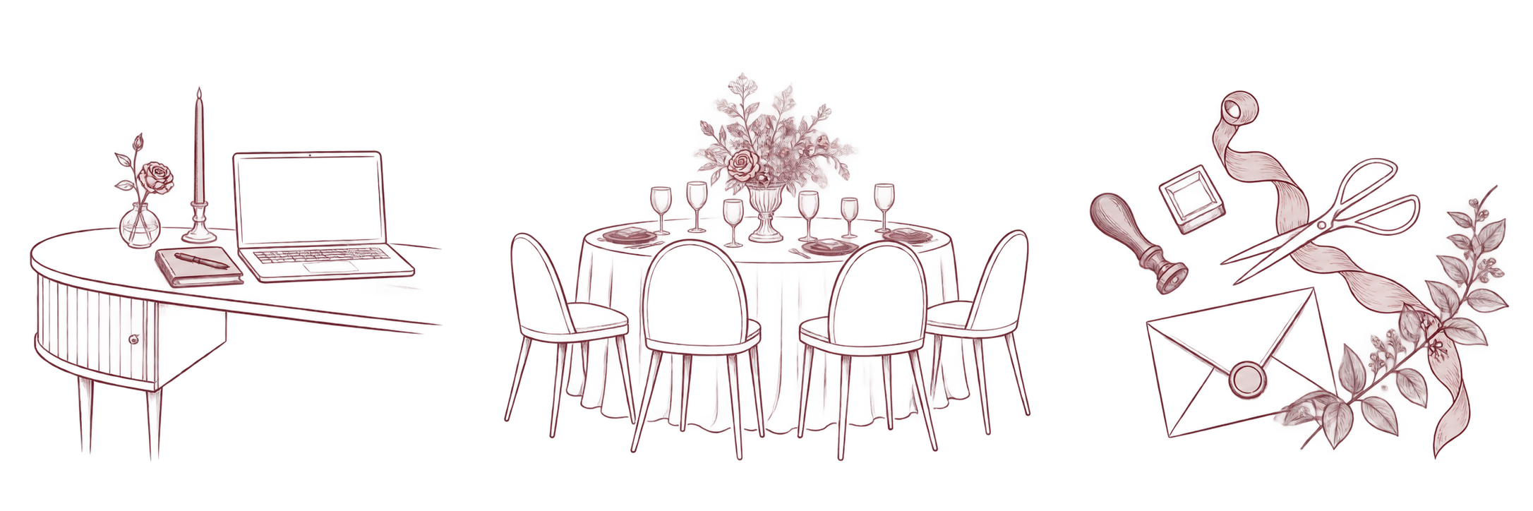 Ilustracje biurka wedding plannerki, stołu weselnego i papeterii