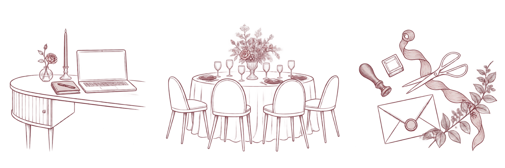 Ilustracje biurka wedding plannerki, stołu weselnego i papeterii